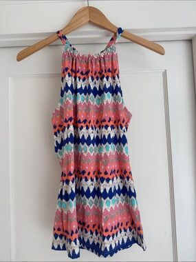 Sleeveless Halter Tank Top in Coral & Blue Chevron